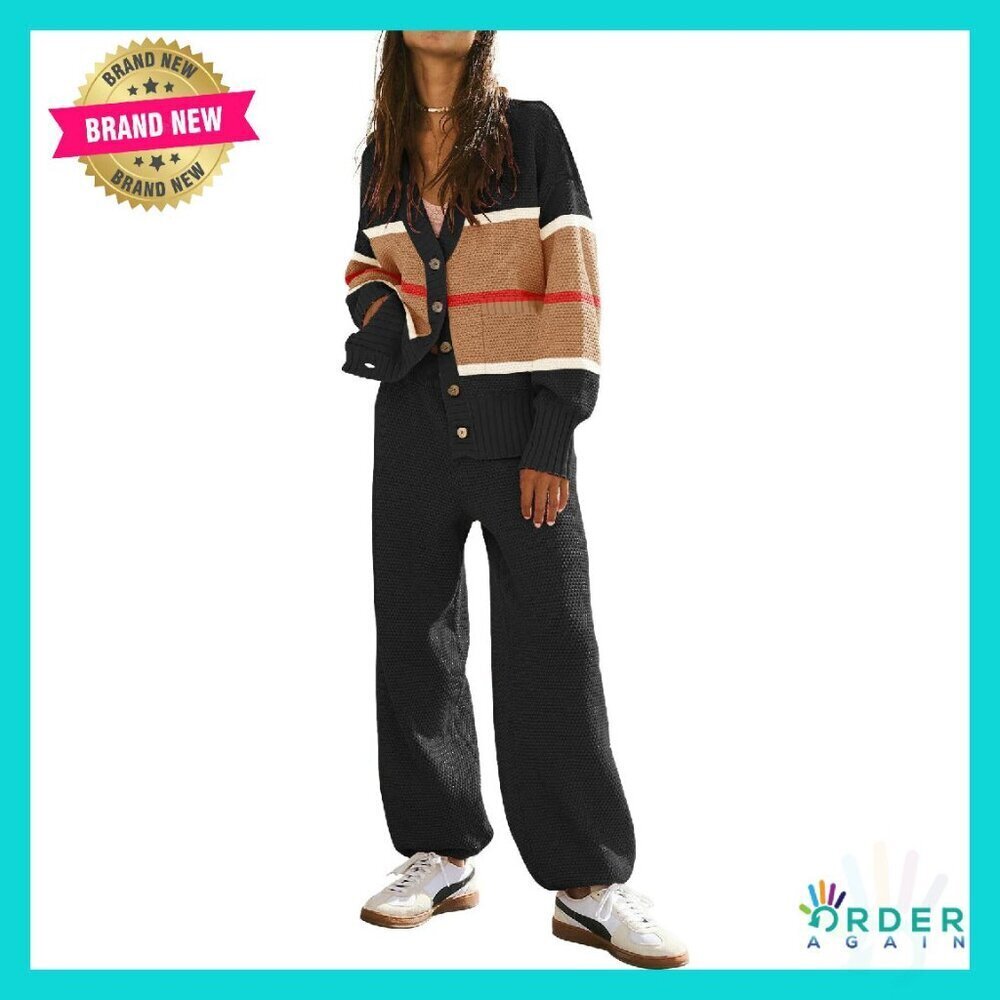 Oversized V-Neck Cardigan Set Cozy Knit Lounge Wear Matching Outfit